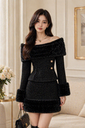 Phantom Black Tweed Off-Shoulder Two-Piece Chic Set