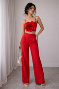 Red Luxe Floral Bustier Top with Tailored Straight Pants Set