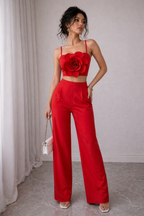 Red Luxe Floral Bustier Top with Tailored Straight Pants Set