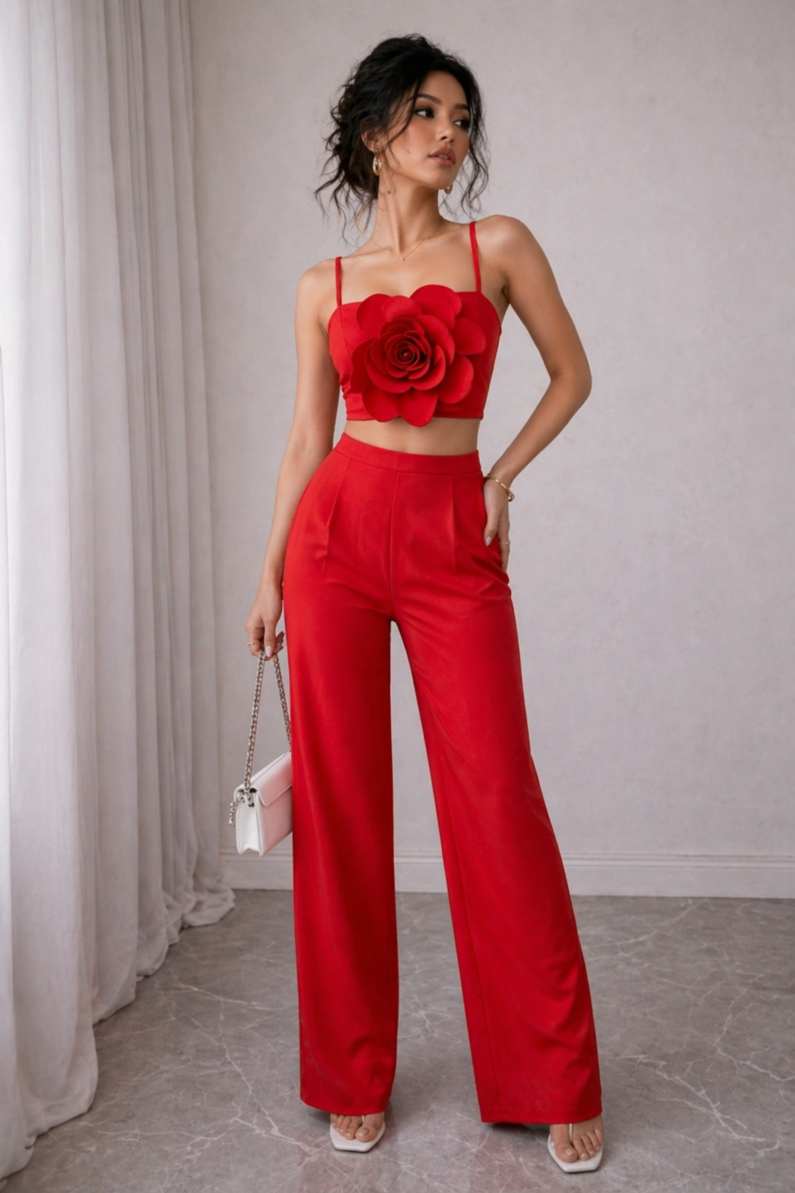 Red Luxe Floral Bustier Top with Tailored Straight Pants Set