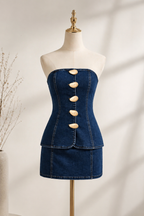 Elegant Midnight Denim Tube Top and High-Waist Mini Skirt Metal Button Coord-Set
