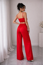 Red Luxe Floral Bustier Top with Tailored Straight Pants Set