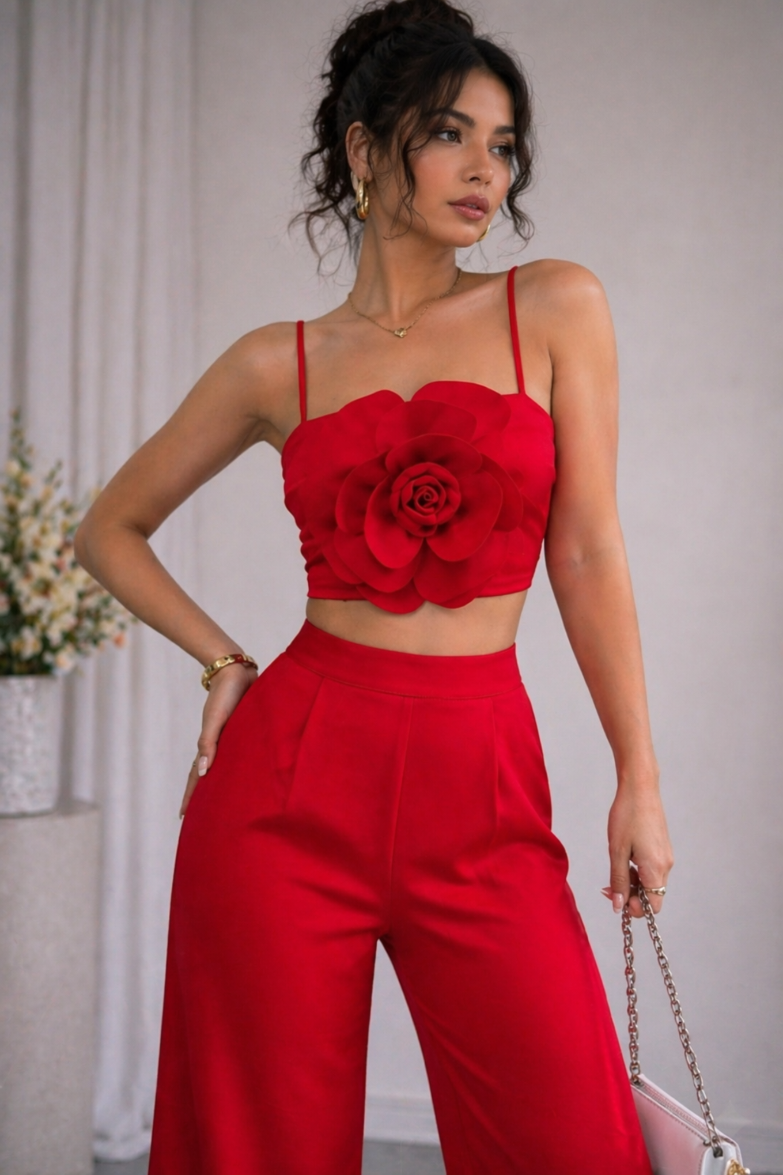 Red Luxe Floral Bustier Top with Tailored Straight Pants Set