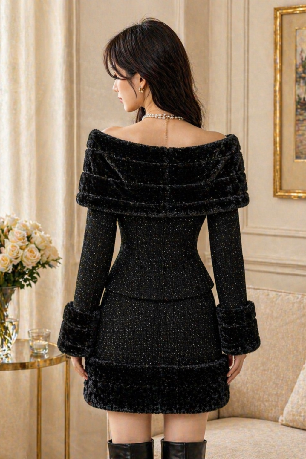 Phantom Black Tweed Off-Shoulder Two-Piece Chic Set