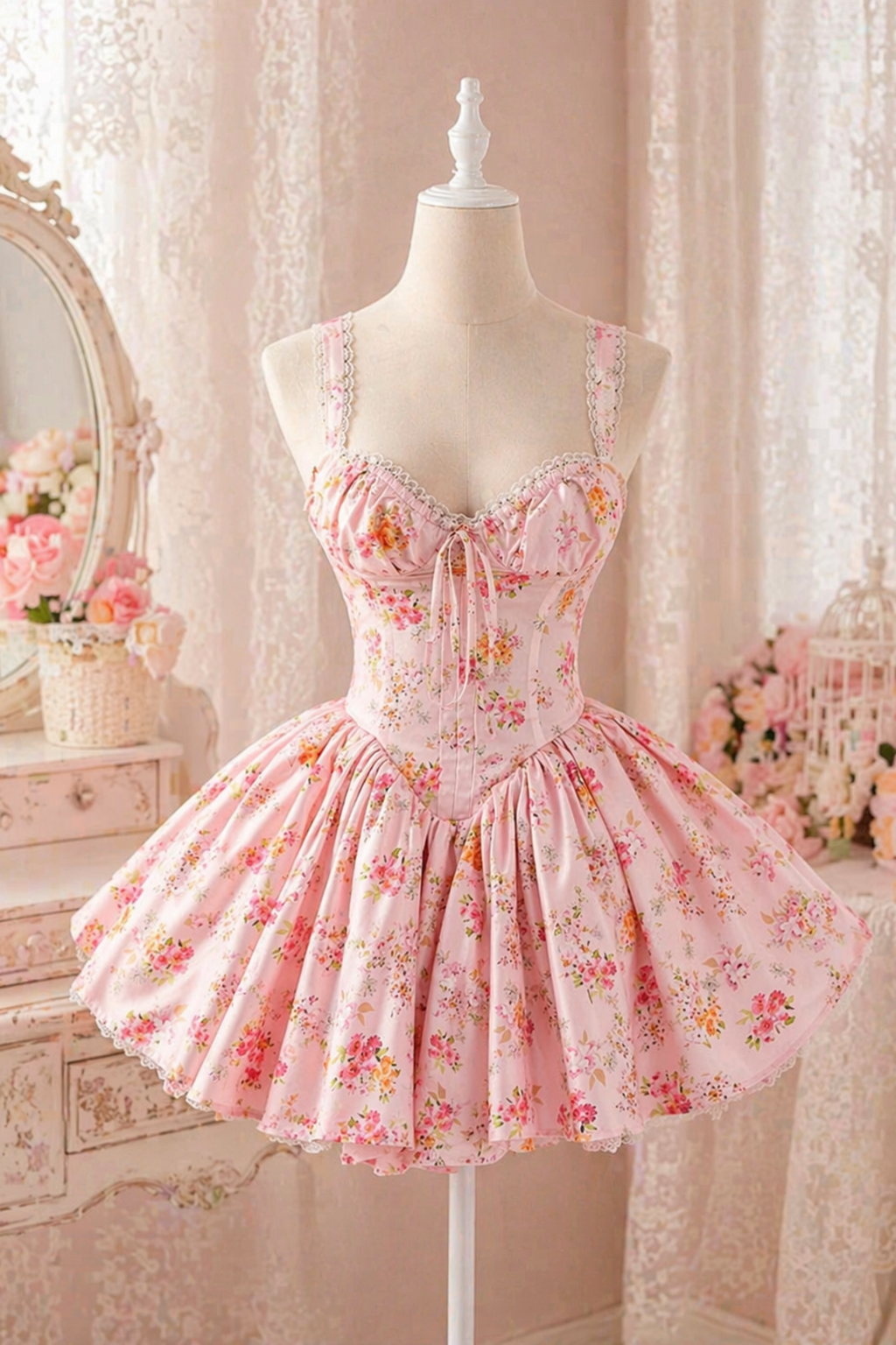Pink Amour Sweet Girl Floral Pleated Fit & Flare Dress