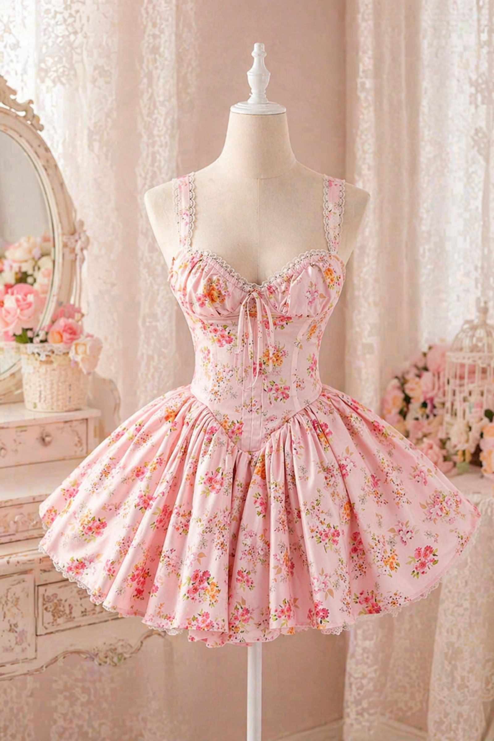 Pink Amour Sweet Girl Floral Pleated Fit & Flare Dress