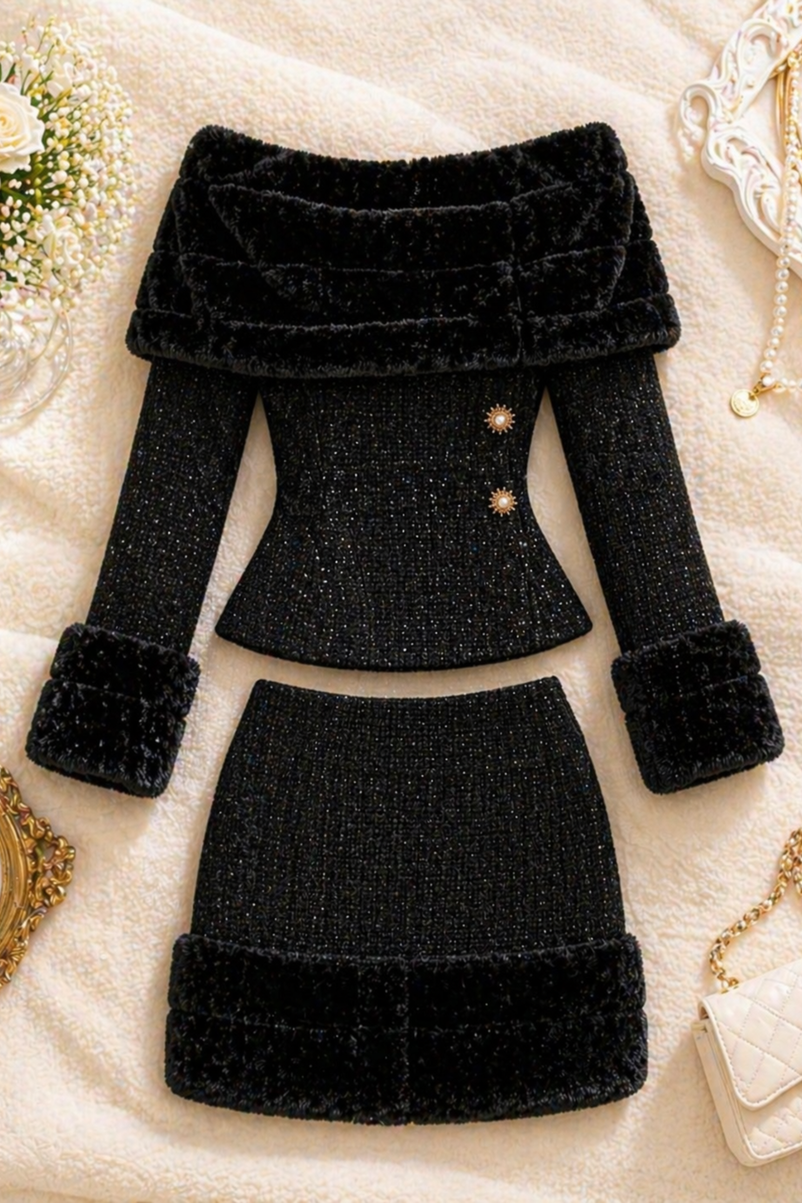 Phantom Black Tweed Off-Shoulder Two-Piece Chic Set
