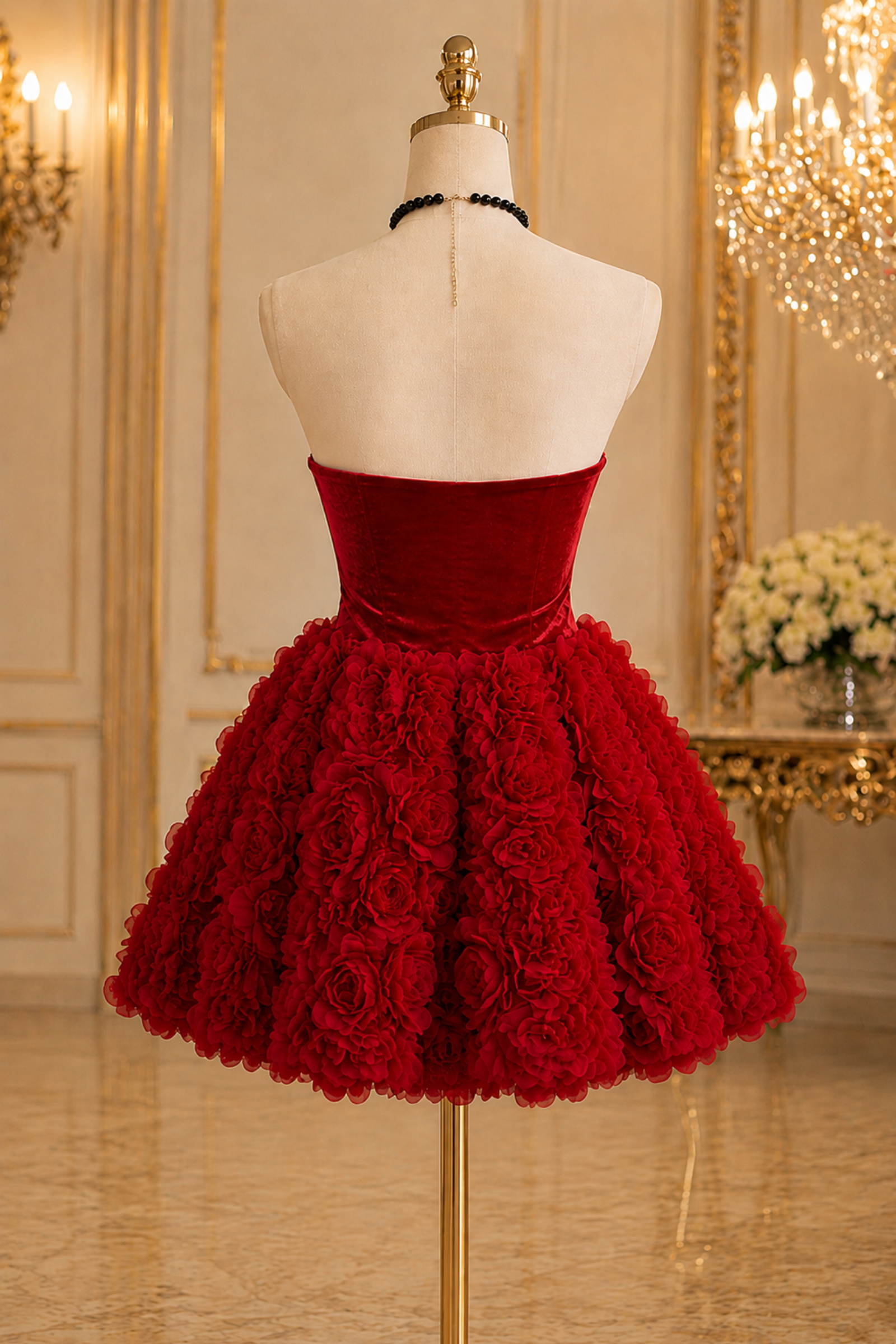 Crimson Red Corset Mini Dress with Rose Detail – Mini Party & Evening Dress
