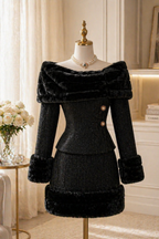 Phantom Black Tweed Off-Shoulder Two-Piece Chic Set