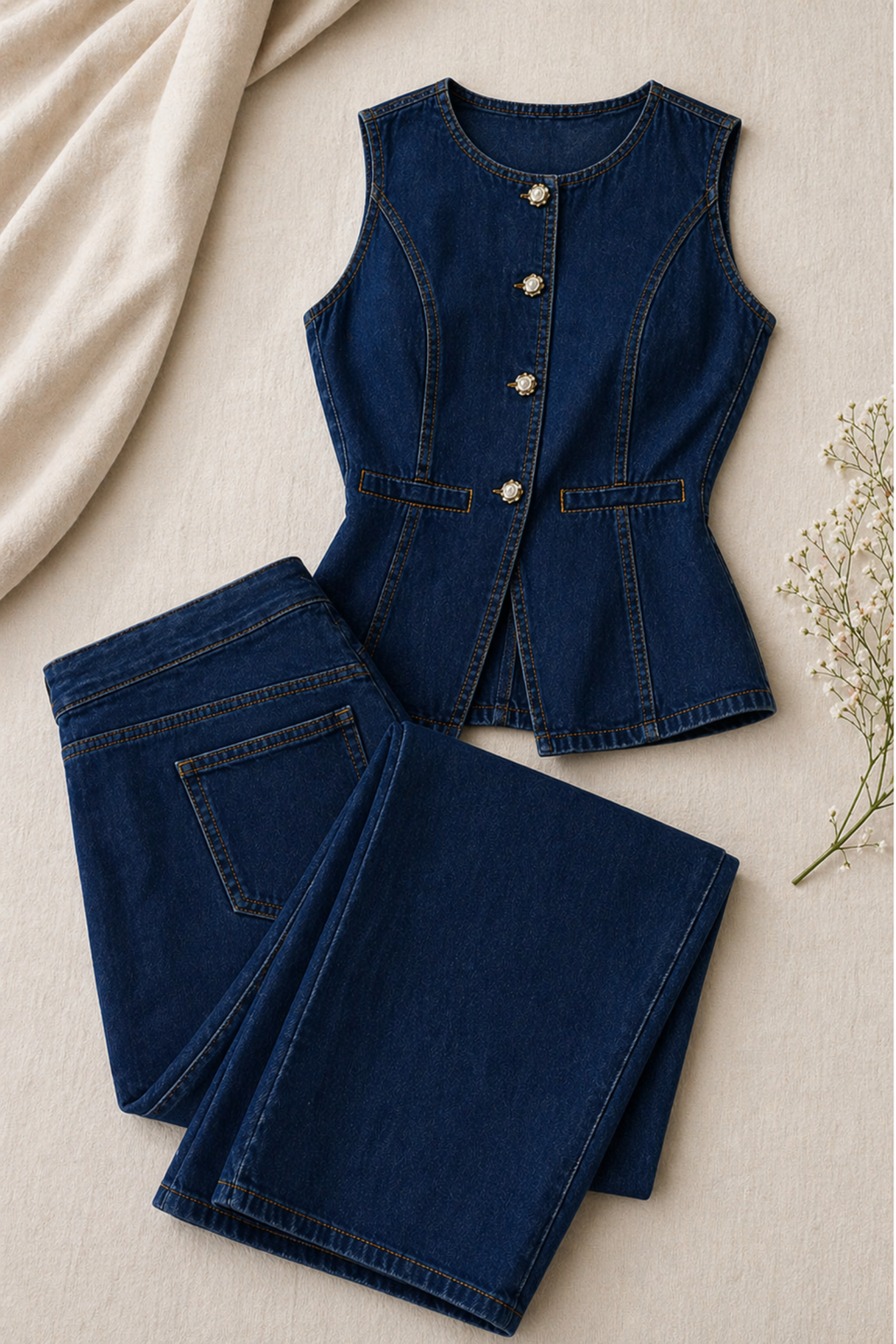 Azure Denim – Button Tank & High-Waist Wide-Leg Jeans Coord-Set