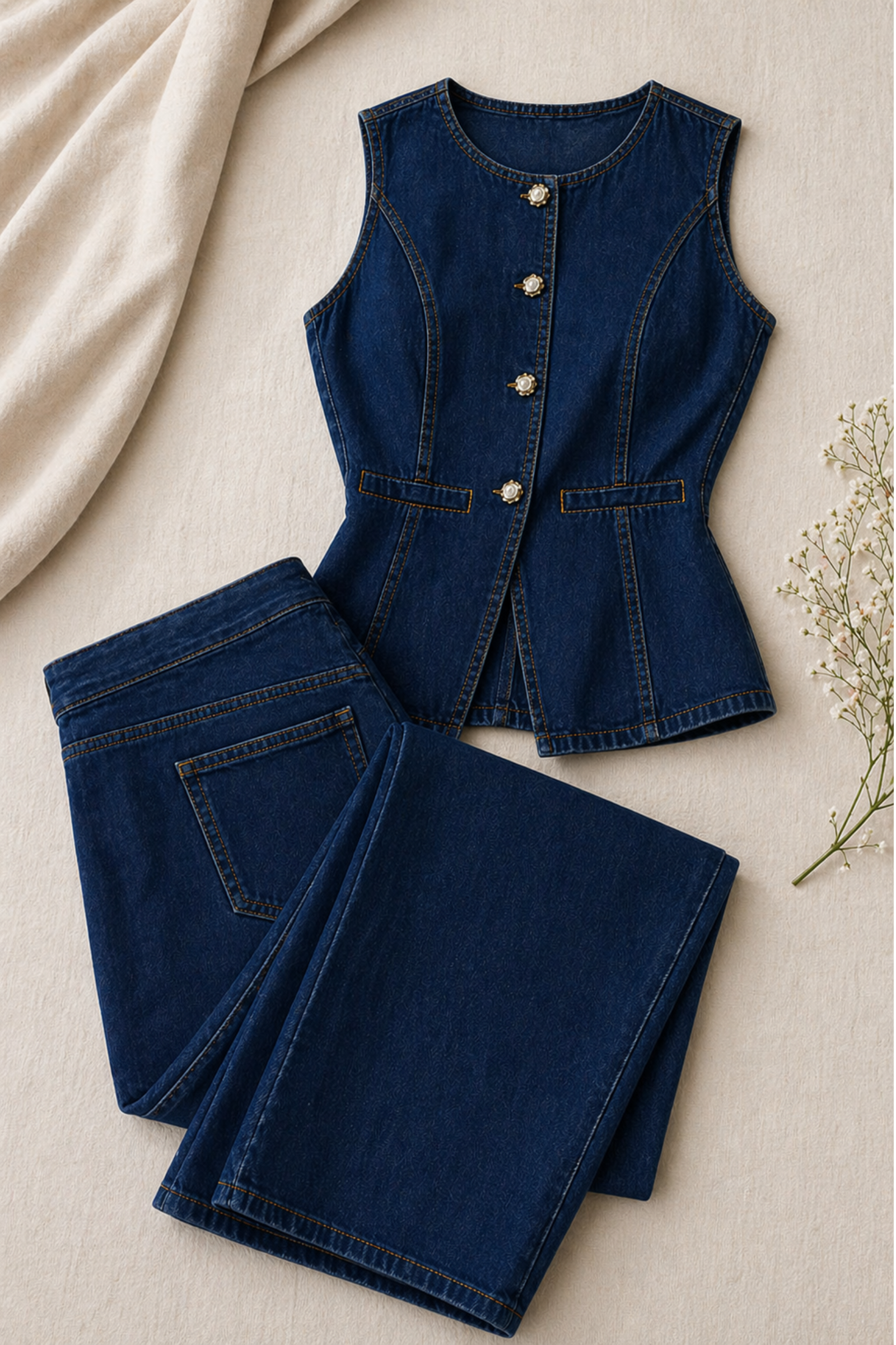 Azure Denim – Button Tank & High-Waist Wide-Leg Jeans Coord-Set