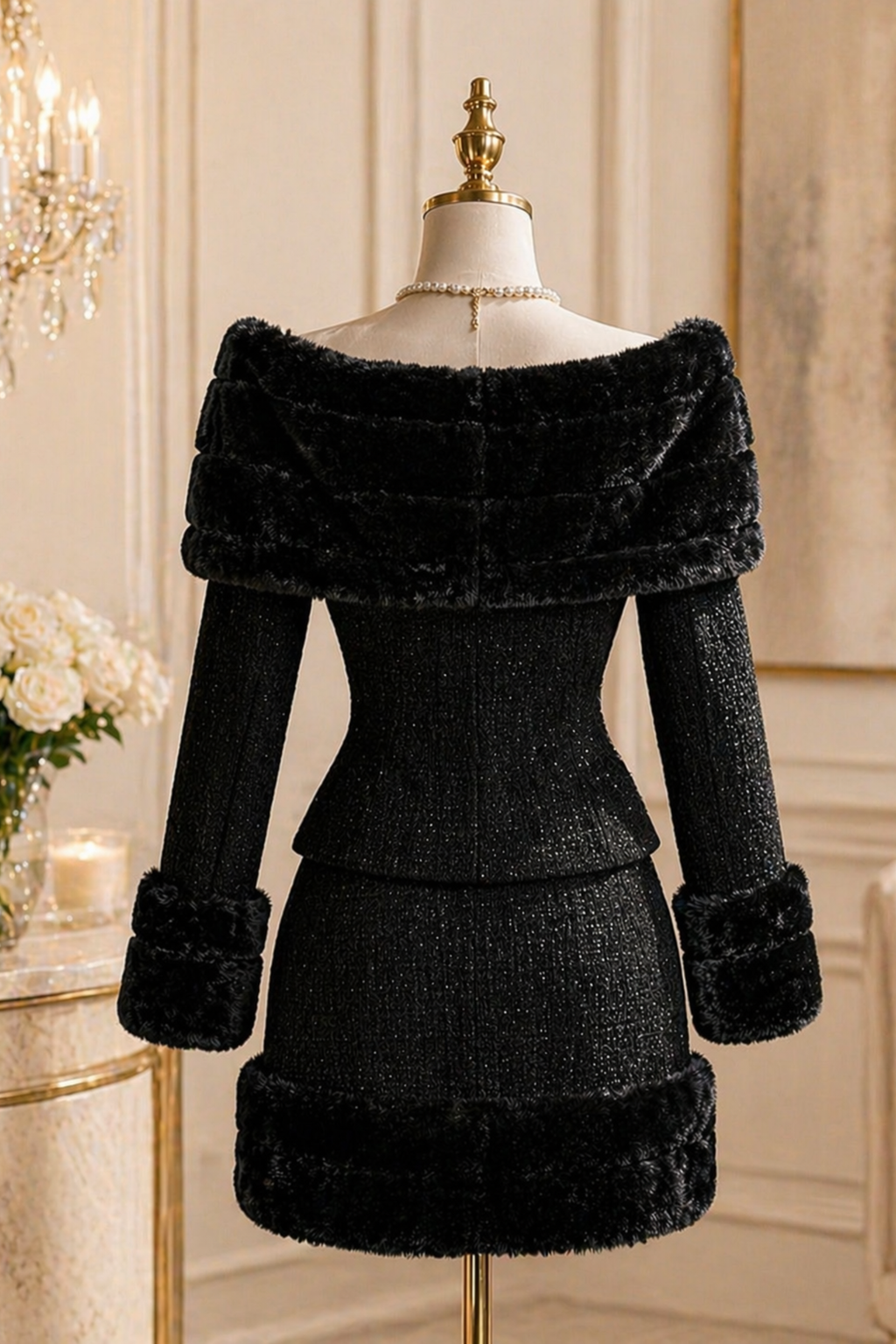 Phantom Black Tweed Off-Shoulder Two-Piece Chic Set
