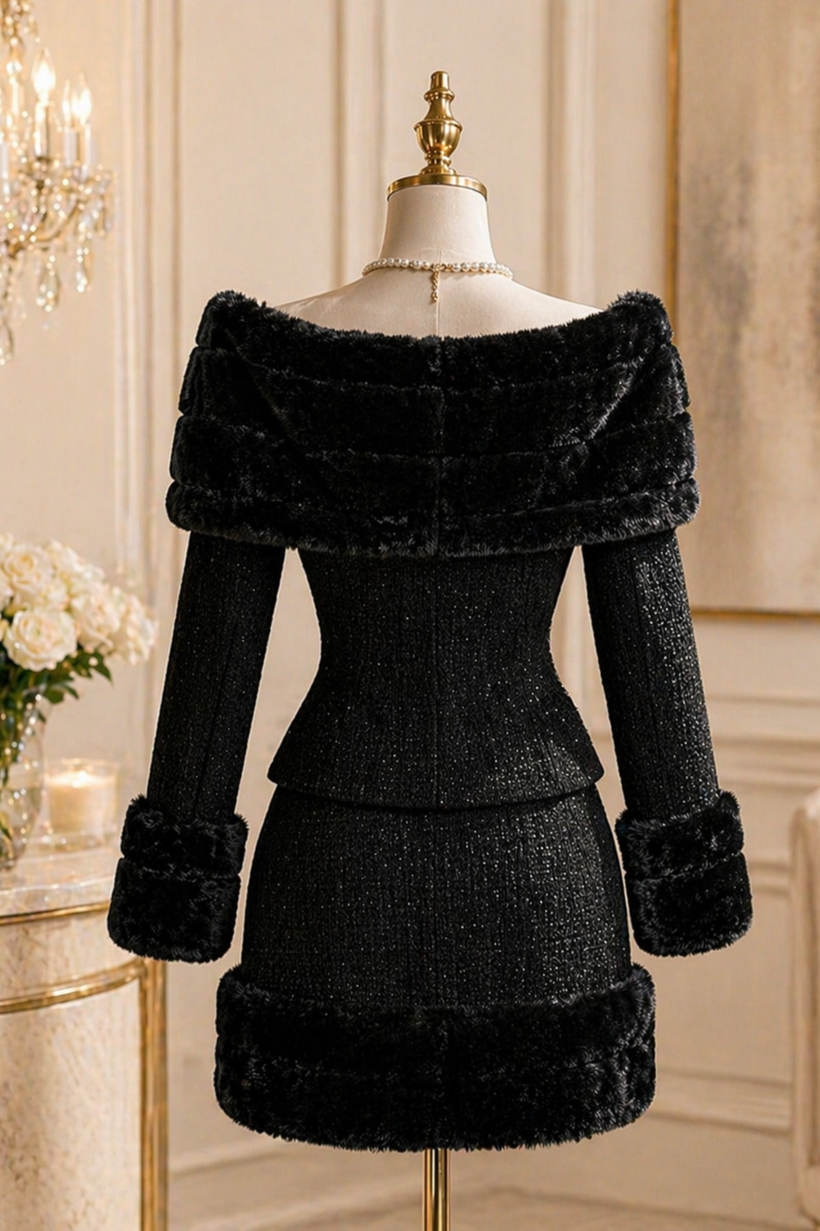 Phantom Black Tweed Off-Shoulder Two-Piece Chic Set
