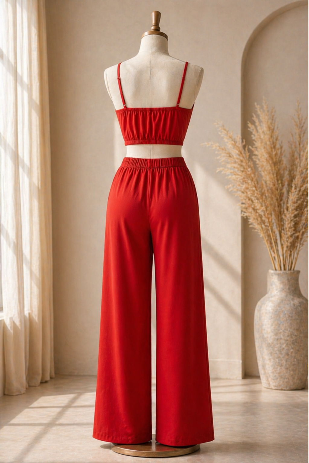 Red Luxe Floral Bustier Top with Tailored Straight Pants Set
