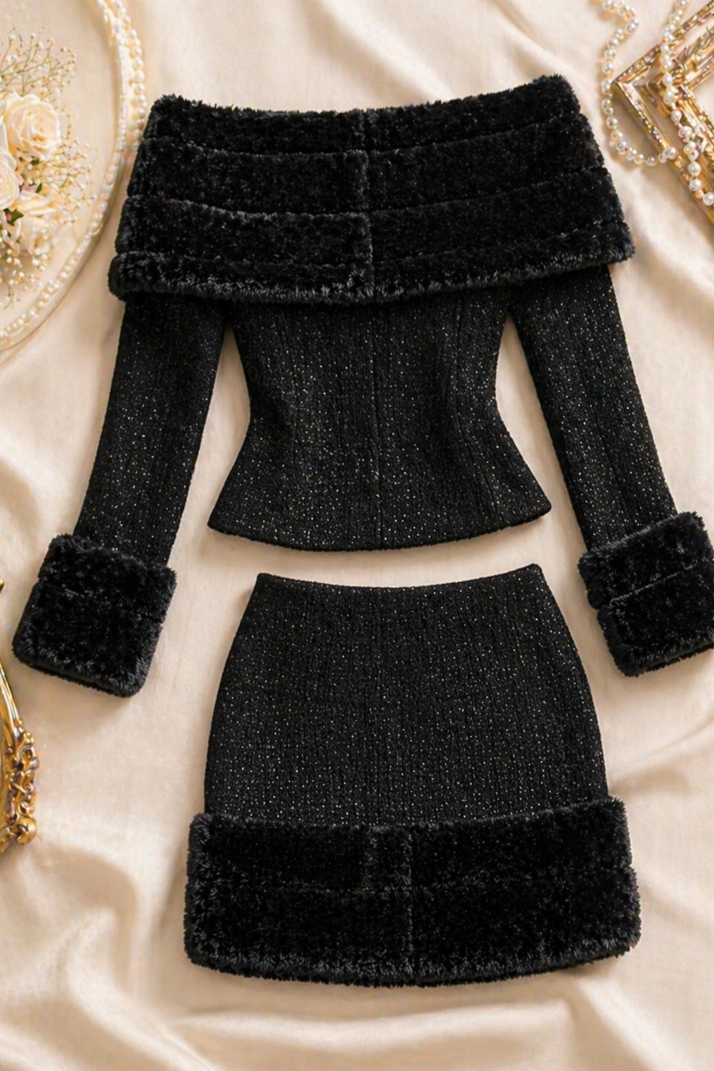 Phantom Black Tweed Off-Shoulder Two-Piece Chic Set