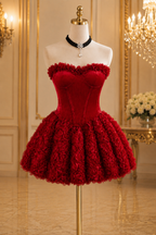Crimson Red Corset Mini Dress with Rose Detail – Mini Party & Evening Dress