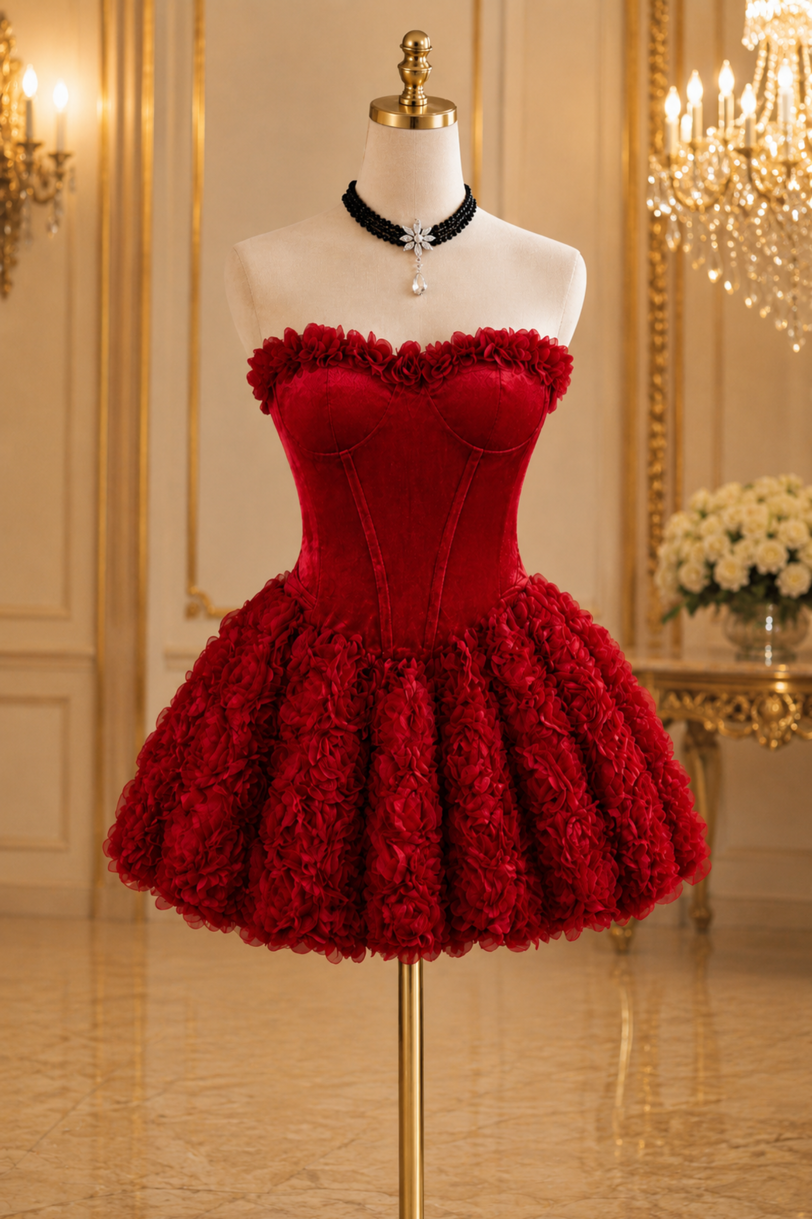 Crimson Red Corset Mini Dress with Rose Detail – Mini Party & Evening Dress