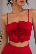Red Luxe Floral Bustier Top with Tailored Straight Pants Set
