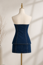 Elegant Midnight Denim Tube Top and High-Waist Mini Skirt Metal Button Coord-Set