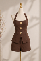 Elegant Umber Halter Vest and High-Waist Shorts 2-Piece Set