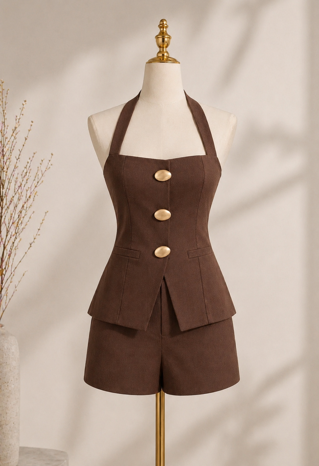 Elegant Umber Halter Vest and High-Waist Shorts 2-Piece Set