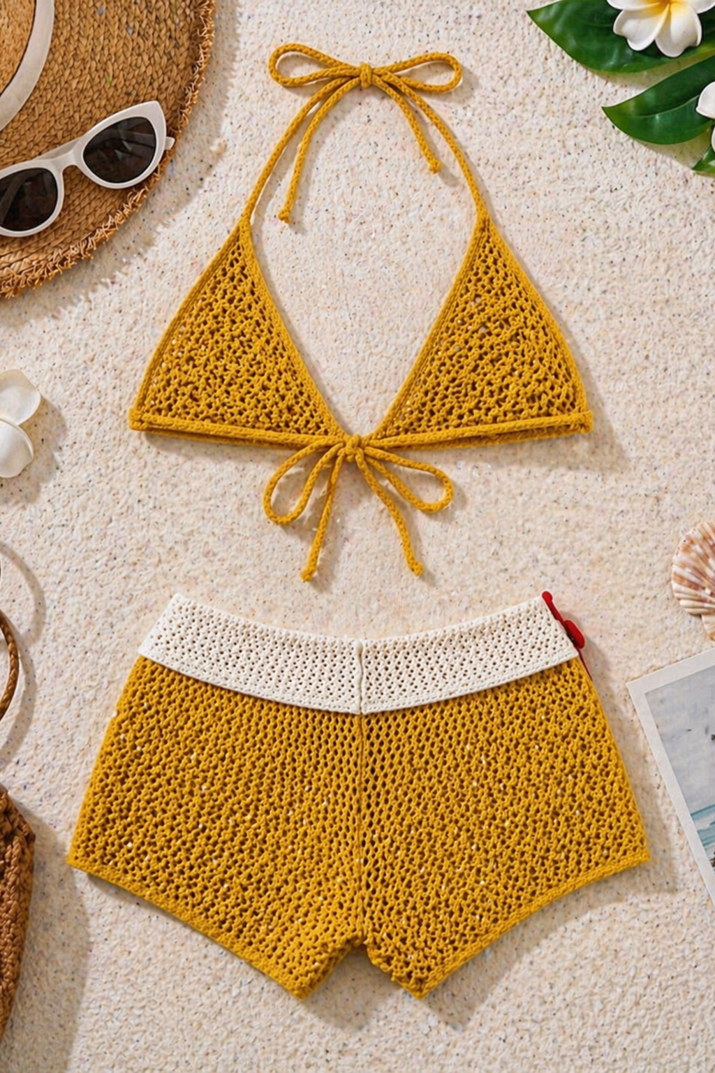 Sunshine Muse Yellow Floral Bikini & Shorts Set – Slim, Sexy Summer Vacation Outfit