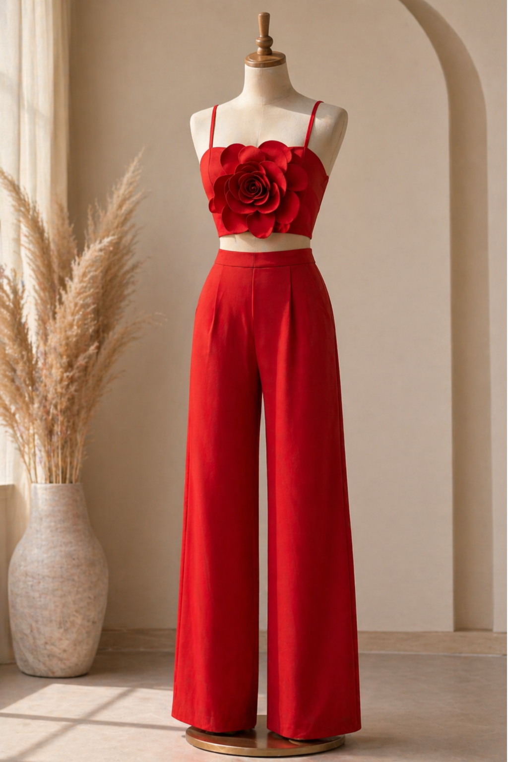 Red Luxe Floral Bustier Top with Tailored Straight Pants Set
