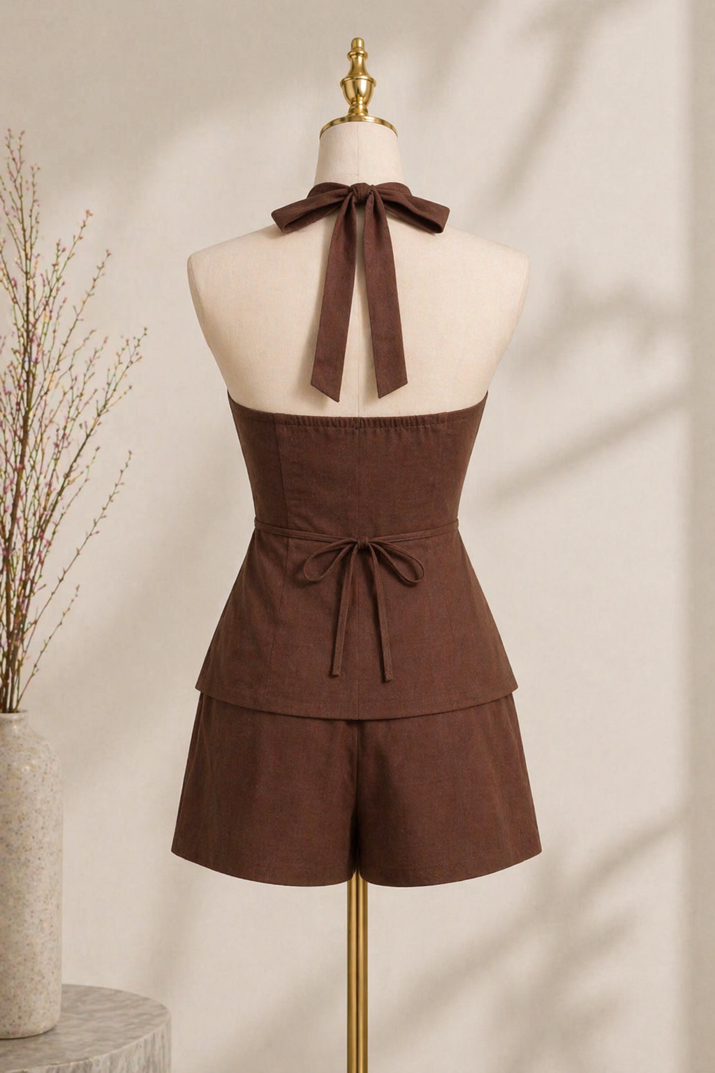 Elegant Umber Halter Vest and High-Waist Shorts 2-Piece Set