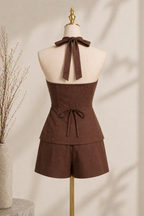 Elegant Umber Halter Vest and High-Waist Shorts 2-Piece Set