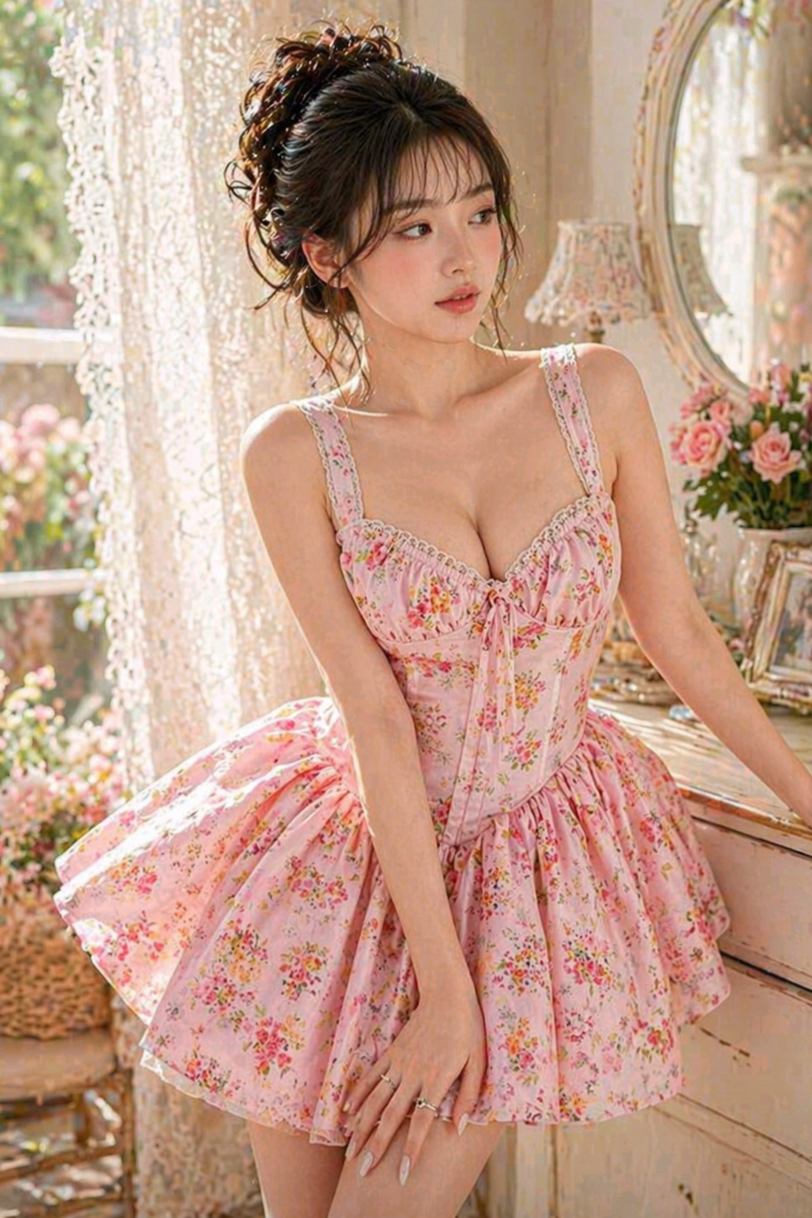 Pink Amour Sweet Girl Floral Pleated Fit & Flare Dress
